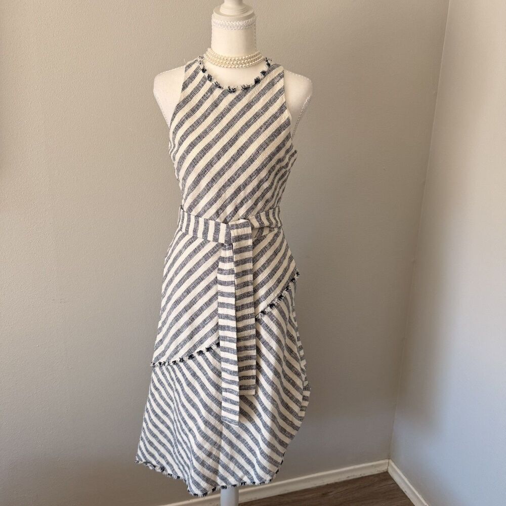 Banana Republic Tweed Stripe Asymmetrical Midi Dress nautical luxury clean girl